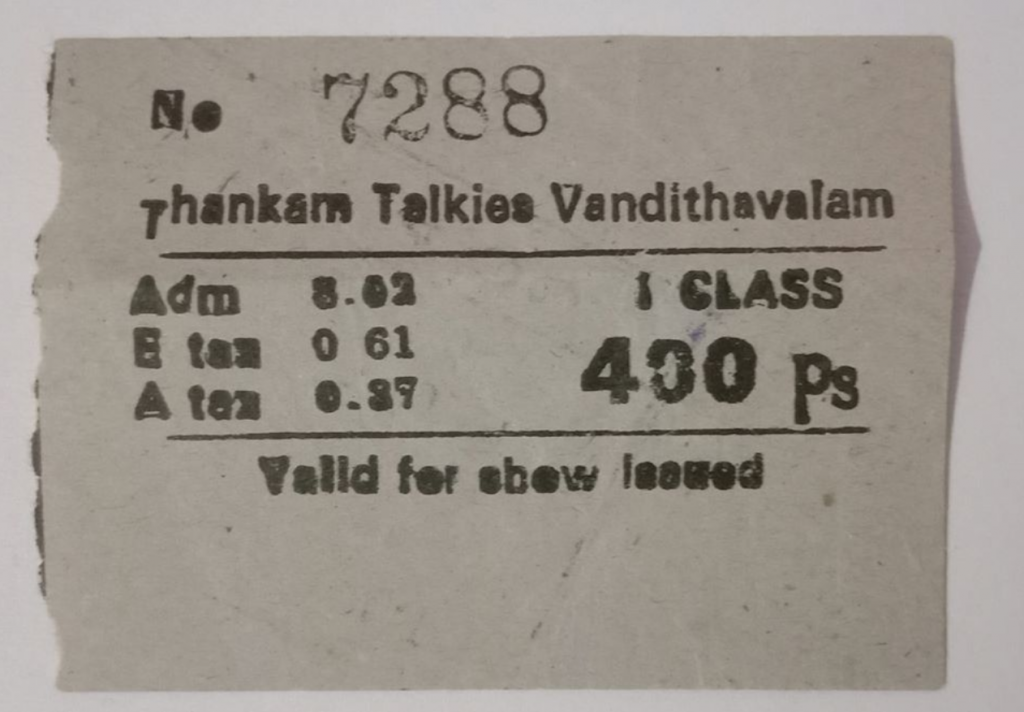 vandithavalam thankam theatre cinema ticket